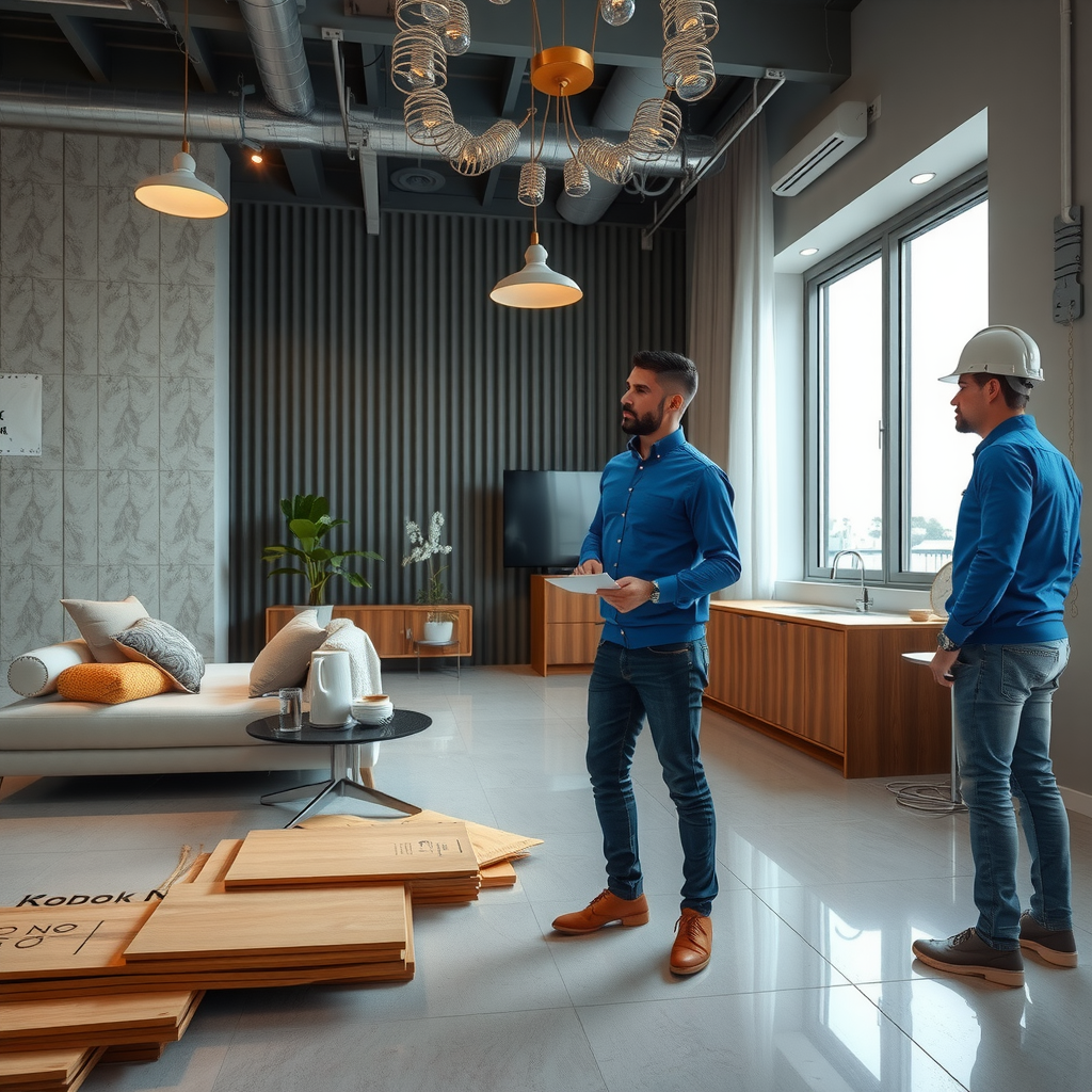 Professional renovation team coordinating work on commercial property interior design project in Baku