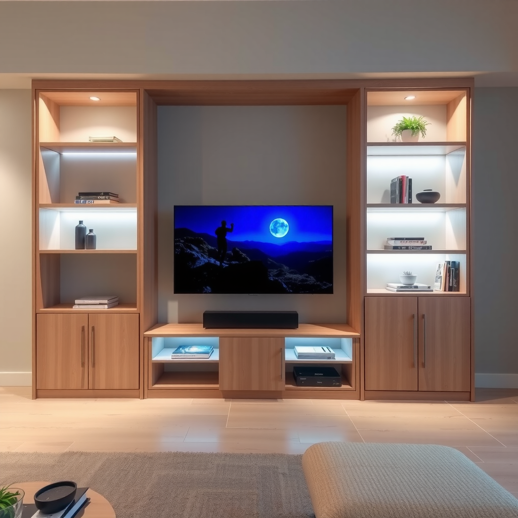 Contemporary custom living room entertainment unit with integrated TV space, open shelving for display, closed cabinets for storage, LED accent lighting, and clean minimalist design