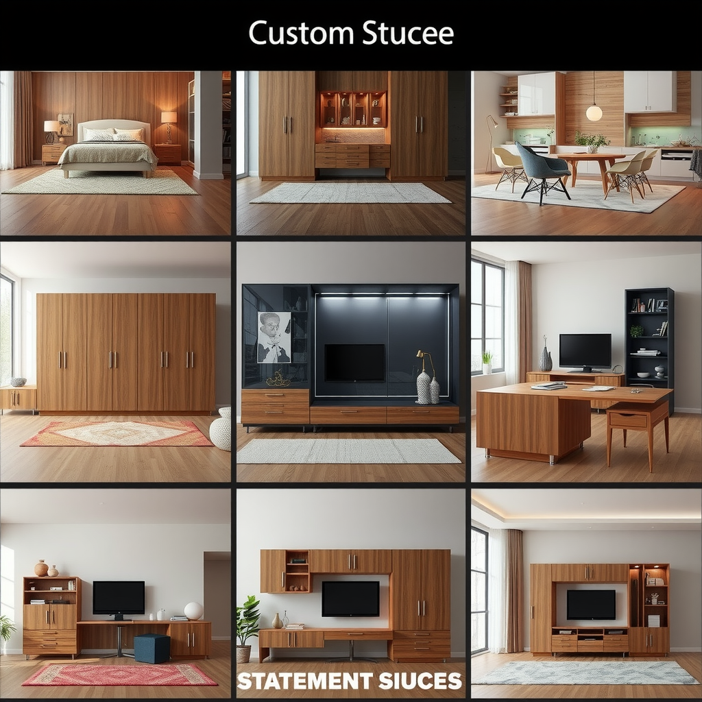 Portfolio showcase of various custom furniture projects including bedroom wardrobes, kitchen cabinets, living room units, home office setups, and statement pieces demonstrating craftsmanship quality and design versatility