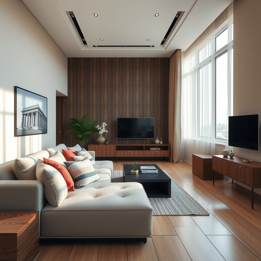 Modern interior design showcase featuring elegant living room with contemporary furniture, neutral color palette, and natural lighting in Baku apartment