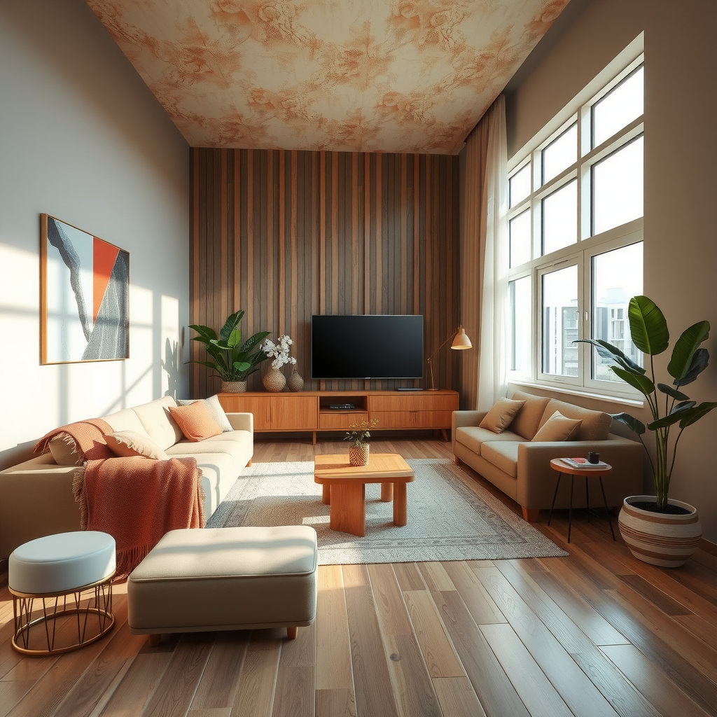 Modern Azerbaijani living room featuring sustainable interior design with natural wood furniture, indoor plants, energy-efficient lighting, and eco-friendly textiles in neutral earth tones, large windows allowing natural light, contemporary minimalist aesthetic blended with traditional Azerbaijani patterns