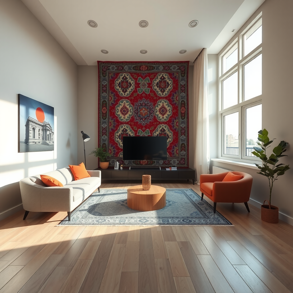 Modern living room featuring traditional Azerbaijani carpet patterns on accent wall, minimalist furniture, and natural light streaming through large windows