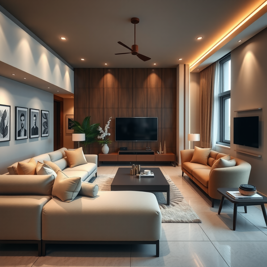 Beautifully designed modern living room showcasing elegant furniture arrangement, sophisticated color scheme with neutral tones, ambient lighting fixtures, plush seating, decorative accessories, and harmonious interior design elements creating a welcoming residential space