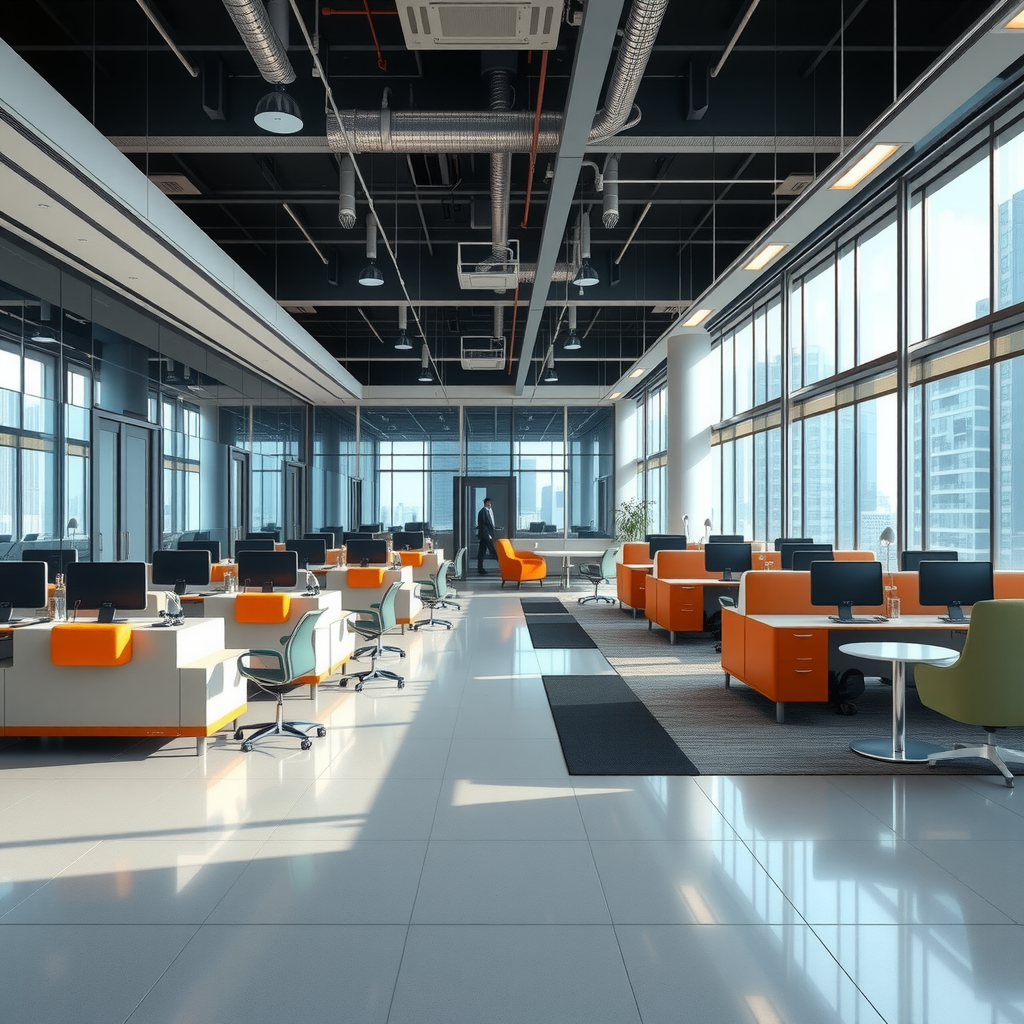 Modern commercial office space featuring open layout design with glass partitions, ergonomic workstations, collaborative areas, natural lighting, and contemporary furniture in neutral tones with accent colors