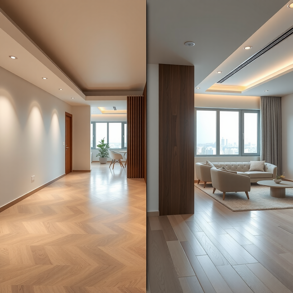 Modern interior renovation project showing before and after transformation of residential space with updated flooring, walls, and lighting fixtures in Baku