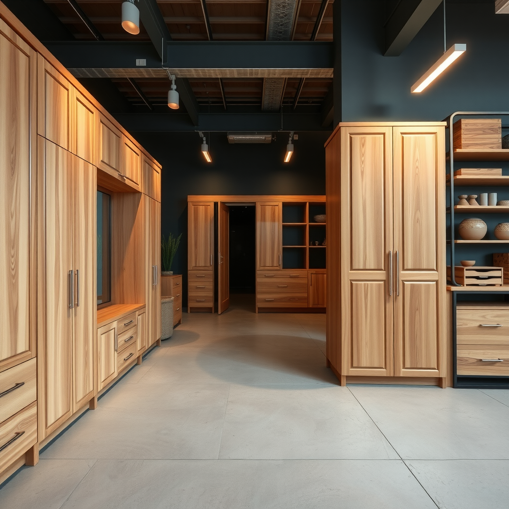 Modern custom furniture workshop showroom displaying handcrafted wooden pieces including built-in wardrobes, elegant cabinets, and contemporary statement furniture pieces with natural wood finishes and clean lines