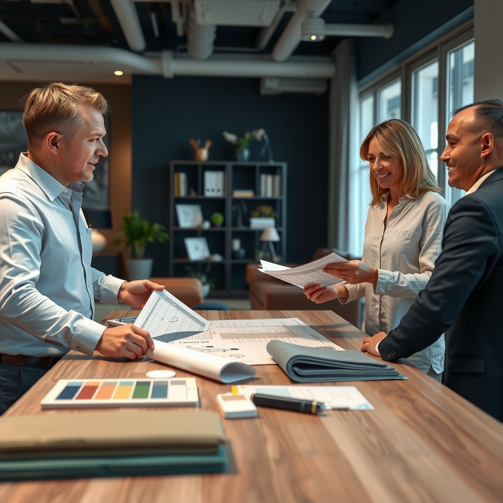 Interior design consultation meeting showing professional designer discussing floor plans and color swatches with clients at modern office table with fabric samples and 3D visualizations