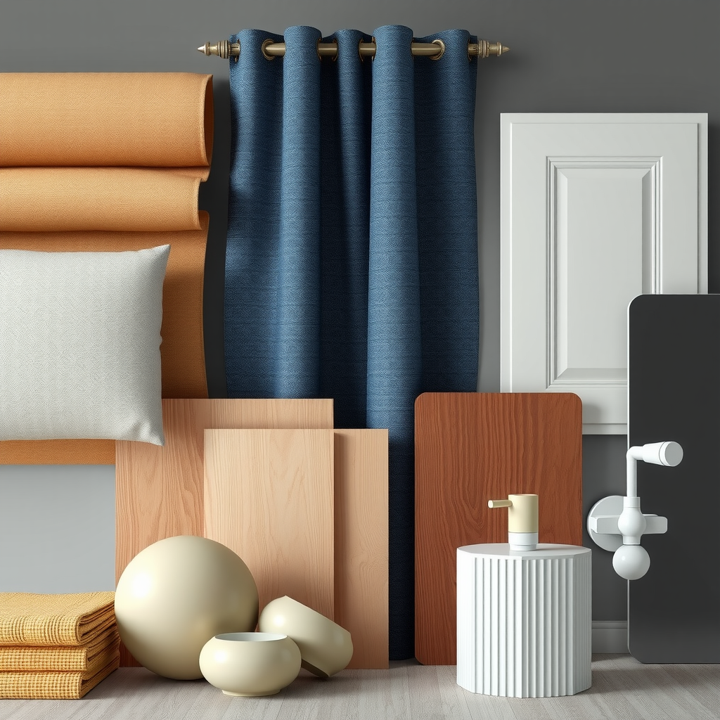 High-quality interior materials including premium fabrics, wood samples, paint swatches, and modern fixtures displayed for home renovation project