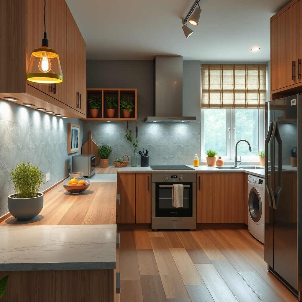 Contemporary Azerbaijani kitchen interior showcasing sustainable design with bamboo cabinetry, recycled glass countertops, energy-efficient appliances, natural stone backsplash, pendant lights made from reclaimed materials, and potted herbs on windowsill