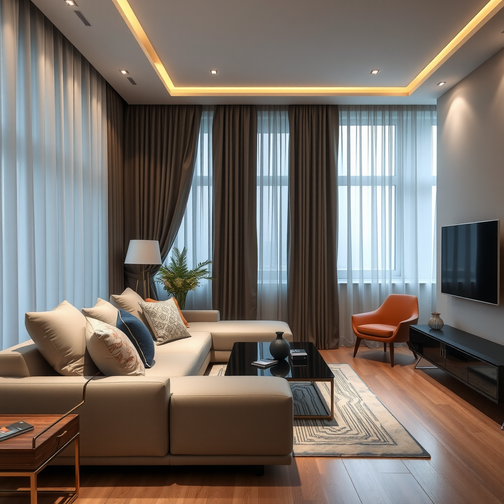 Elegant living room with automated curtains and smart lighting system controlled by tablet showing modern interior design in Baku