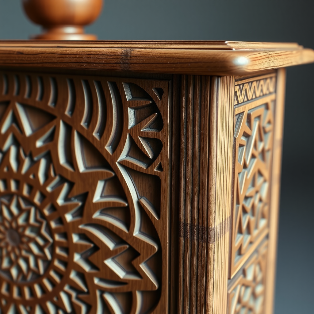 Detailed view of hand-carved wooden furniture featuring traditional Azerbaijani geometric patterns and motifs, showcasing intricate craftsmanship on contemporary design piece