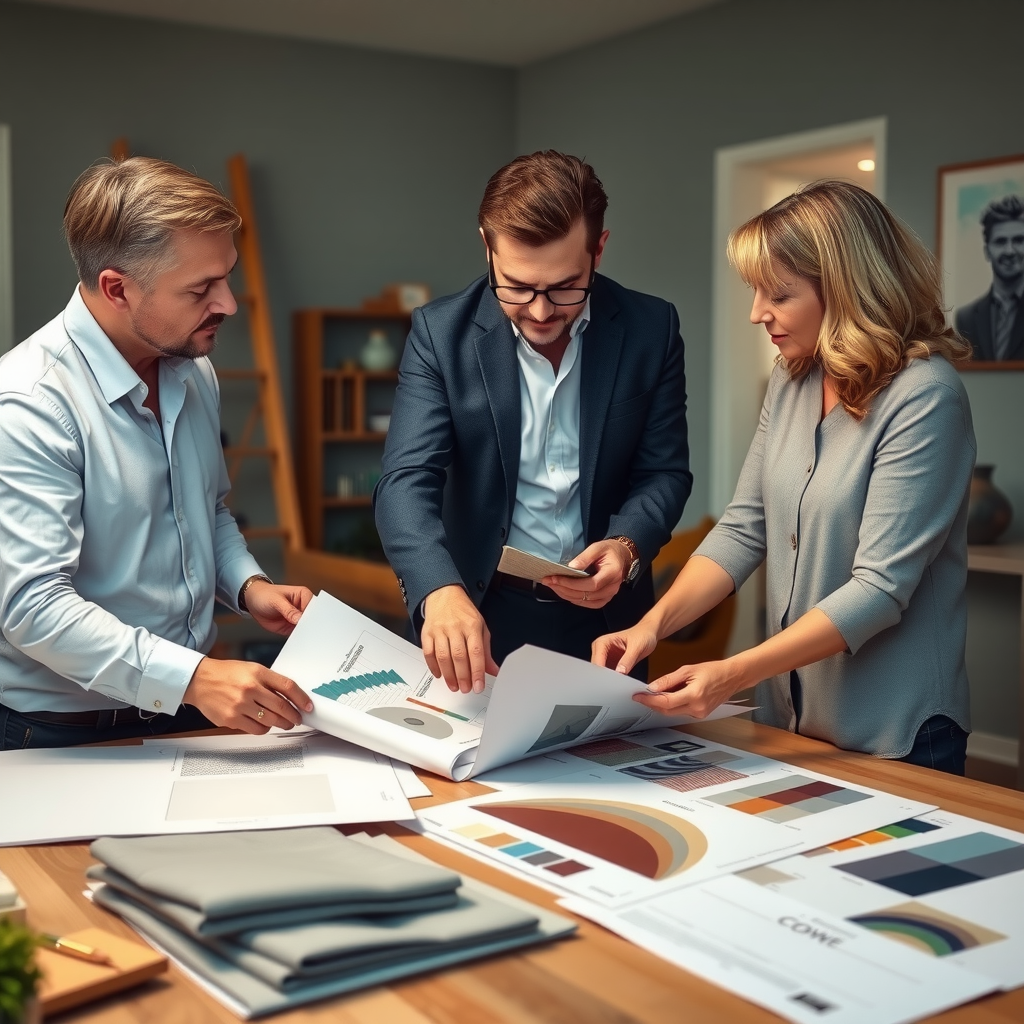 Professional interior designer meeting with homeowner client, discussing design concepts, reviewing fabric swatches, color palettes, and material samples on a table with design plans and mood boards visible