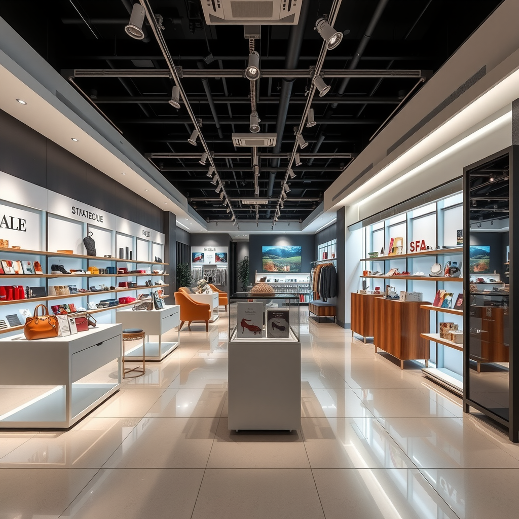 Elegant retail store interior showcasing strategic product displays, modern track lighting, clean lines, organized shelving systems, comfortable shopping areas, and brand-consistent design elements