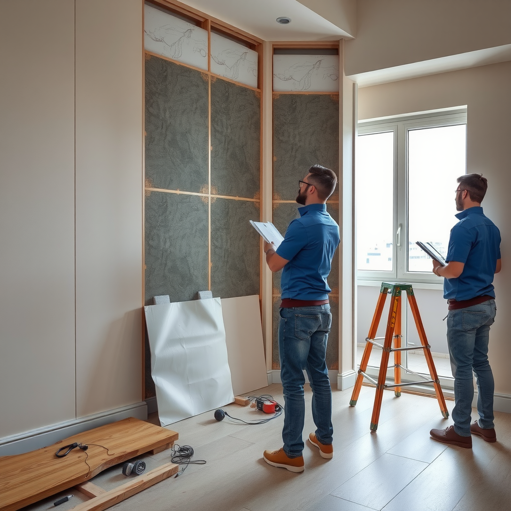 Professional renovation team performing structural modifications and wall treatments in modern apartment renovation project in Baku, Azerbaijan