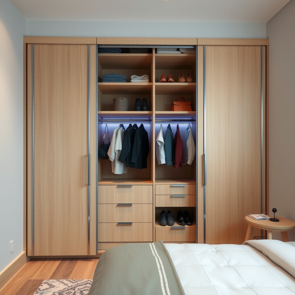 Elegant custom built-in wardrobe with sliding doors, internal LED lighting, organized compartments, drawers, and hanging spaces in light wood finish integrated seamlessly into bedroom wall