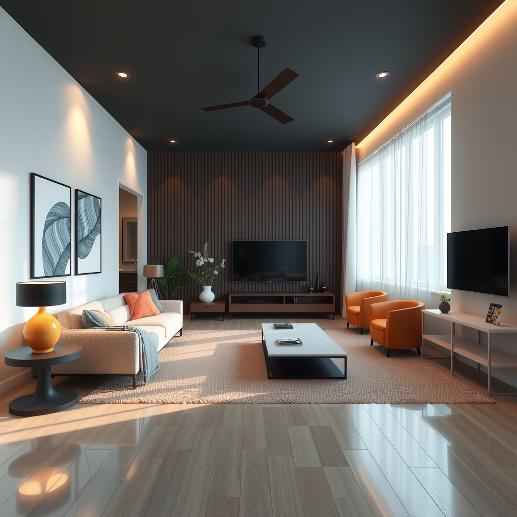3D interior visualization showing photorealistic rendering of modern living room design with furniture layout lighting and material selections