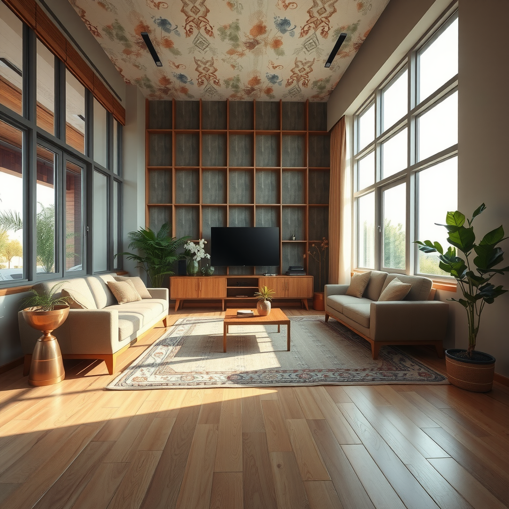 Modern Azerbaijani living room featuring eco-friendly bamboo flooring, natural fiber textiles, large windows with abundant natural light, indoor plants including ferns and succulents, reclaimed wood furniture, and traditional Azerbaijani carpet patterns in earth tones, showcasing sustainable interior design trends in Baku