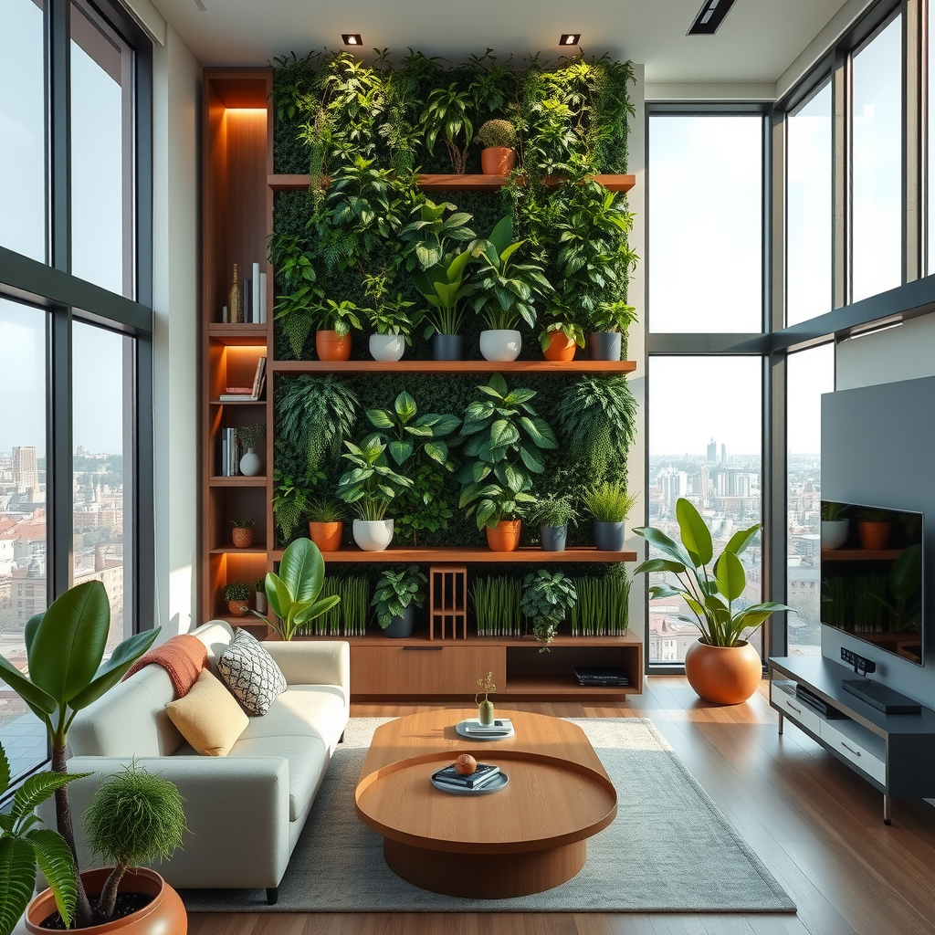 Stunning vertical living wall with various green plants in modern Baku apartment, natural wood shelving with potted plants, large windows with city views, comfortable seating area, natural light flooding the space, contemporary furniture with organic shapes