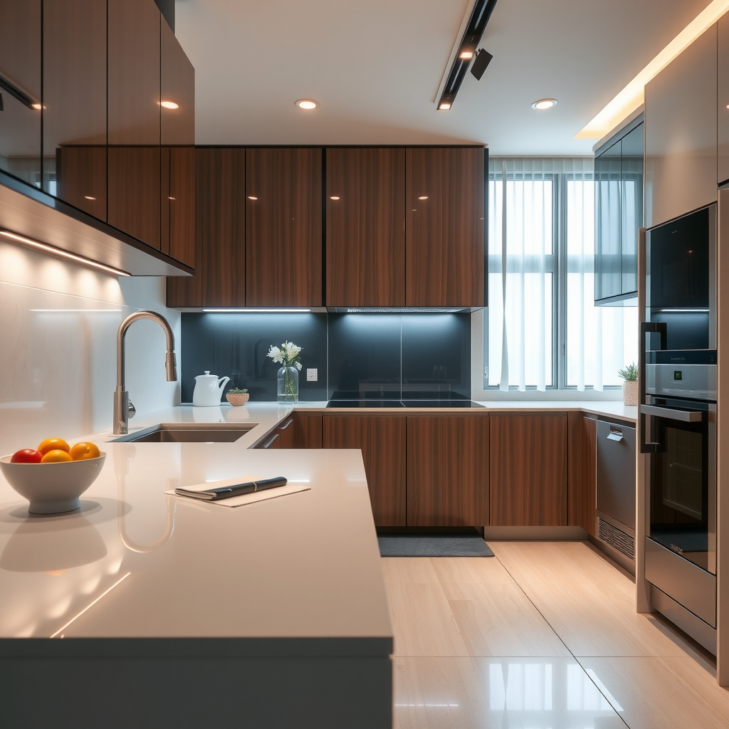 Modern kitchen in Baku luxury apartment with smart appliances and integrated control system featuring clean contemporary design