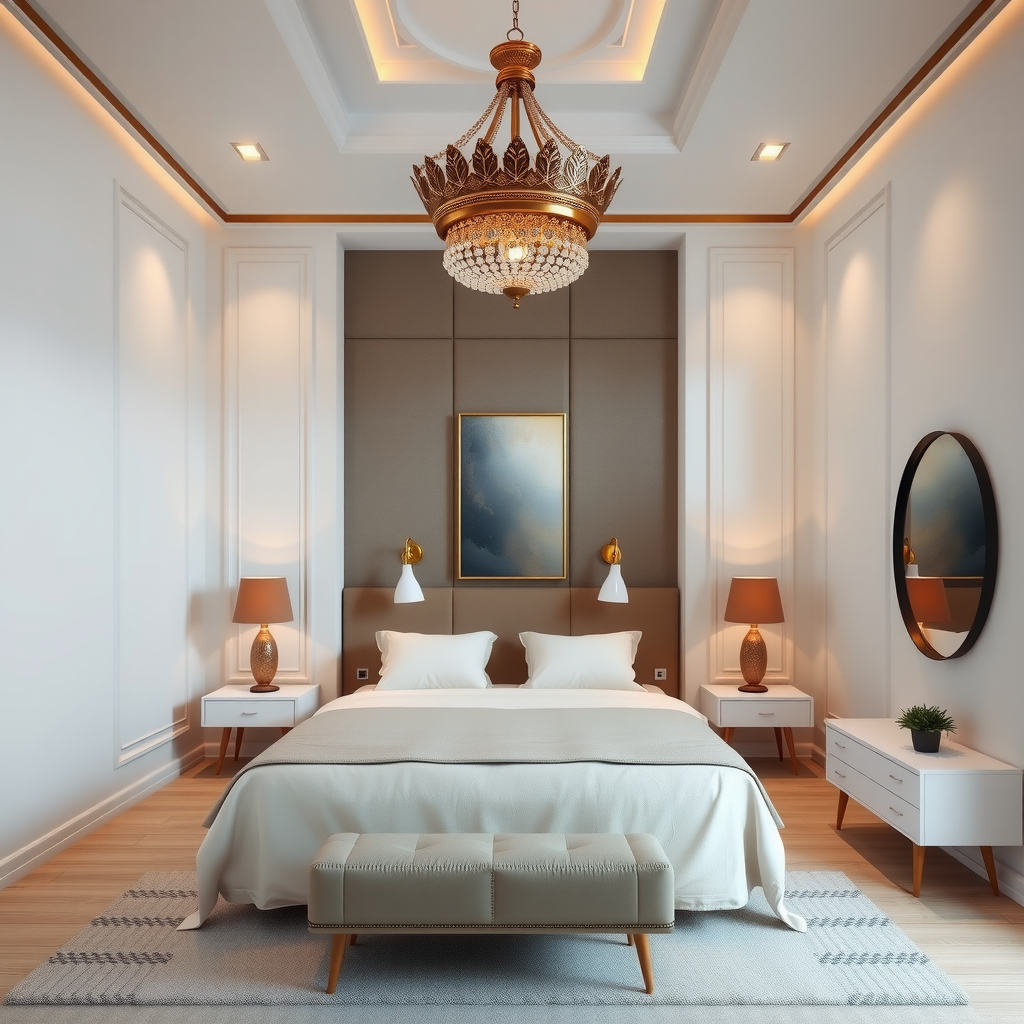 Sleek contemporary bedroom featuring ornate traditional Azerbaijani brass and copper lighting fixtures, white walls, and simple modern furniture creating elegant contrast