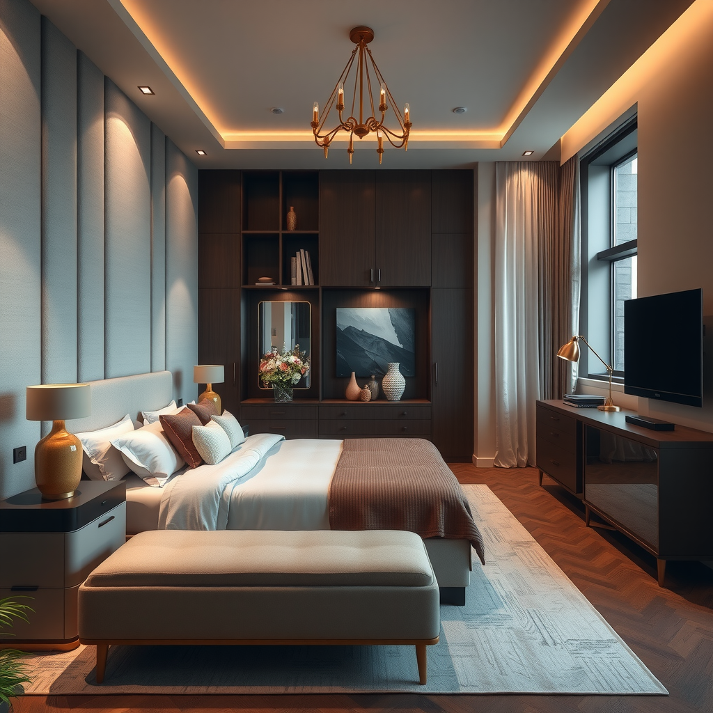 Sophisticated bedroom interior design featuring custom-made furniture, luxurious bedding, coordinated textiles, ambient lighting, decorative elements, and a harmonious color scheme creating a peaceful sleeping environment