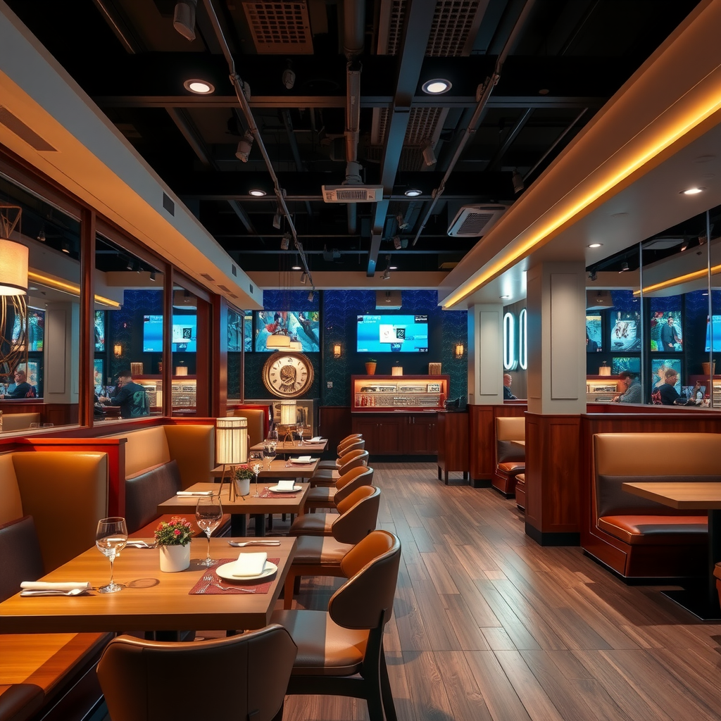 Contemporary restaurant interior featuring ambient lighting design, comfortable booth and table seating, modern decor elements, warm color palette, and inviting atmosphere that enhances dining experience