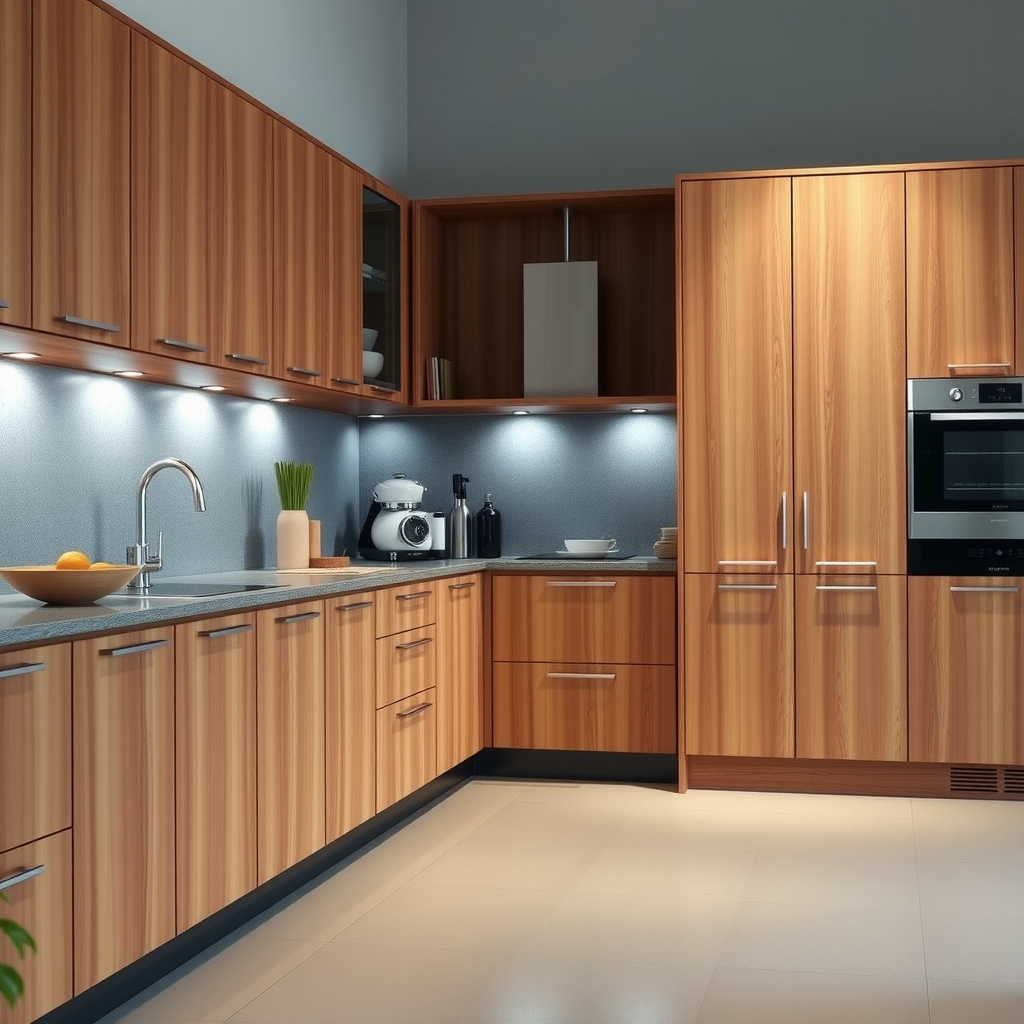 Contemporary custom kitchen cabinets with handleless design, soft-close mechanisms, premium wood veneer finish, integrated appliances, and smart storage solutions maximizing kitchen space