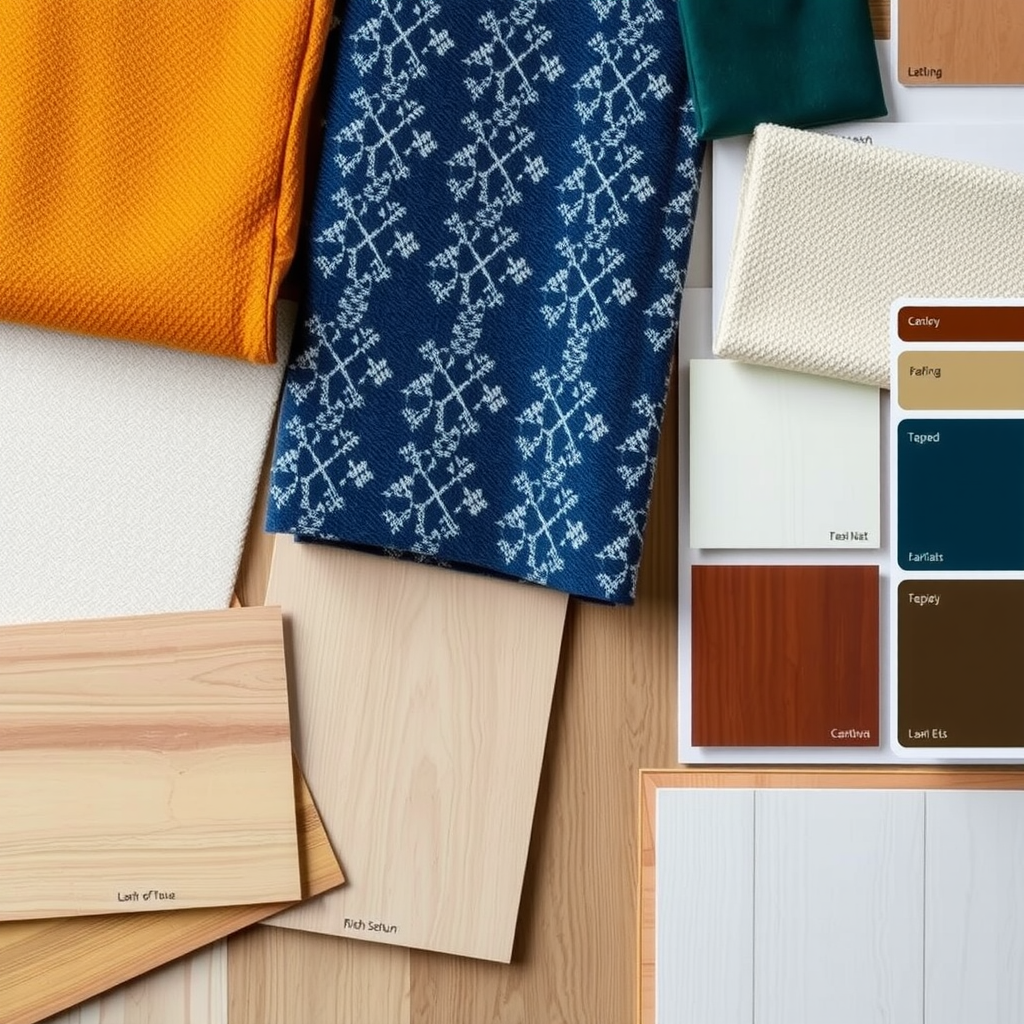 Design materials selection showing variety of fabric swatches flooring samples paint colors and finish materials arranged on design board