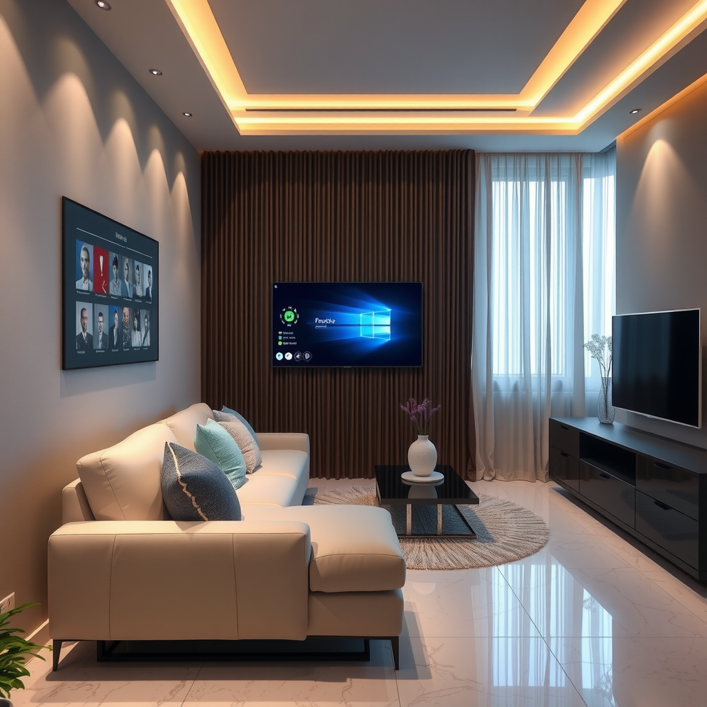Luxury apartment interior in Baku featuring smart home technology including wall-mounted touchscreen control panel, automated LED lighting system with ambient glow, motorized curtains, sleek modern furniture, marble flooring, and contemporary design elements integrated with intelligent home automation systems