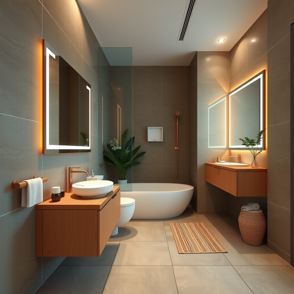 Elegant Azerbaijani bathroom featuring water-efficient fixtures, natural stone tiles, bamboo vanity, large mirror with LED lighting, plants for air purification, minimalist design with earth-tone color palette, rainfall showerhead, and natural ventilation