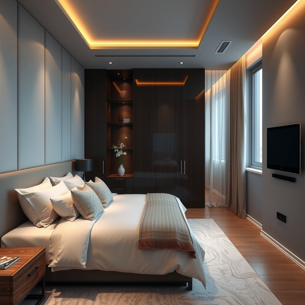 Sophisticated bedroom in Baku with smart climate control panel and automated lighting featuring luxurious contemporary interior design