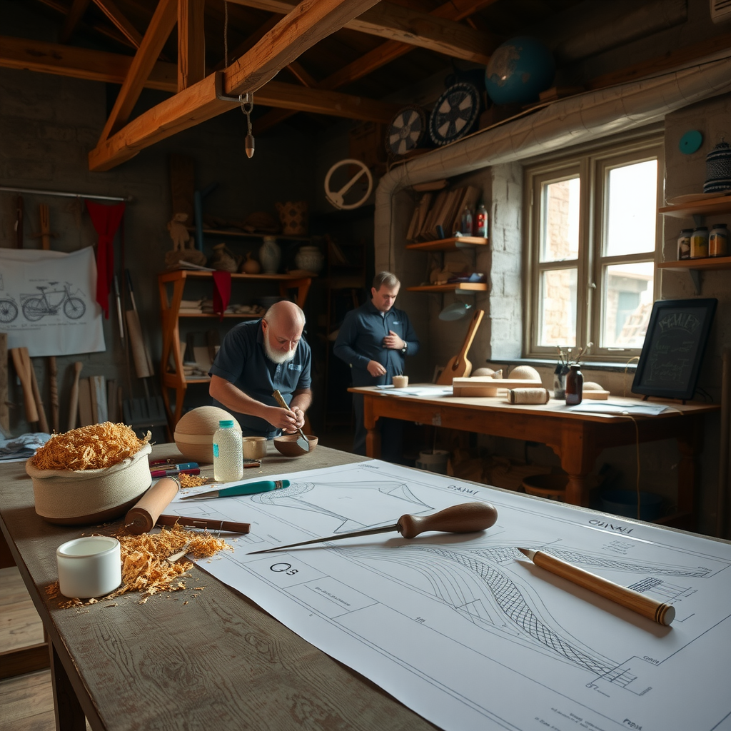 Traditional Azerbaijani artisan workshop with hand tools, wood shavings, and contemporary design blueprints on table, showing blend of old and new methods