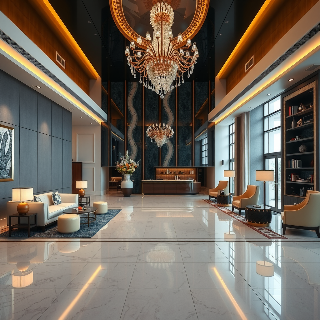 Luxury hotel lobby interior showcasing elegant furniture arrangements, statement chandelier lighting, marble flooring, comfortable seating areas, reception desk, and sophisticated design elements creating welcoming atmosphere