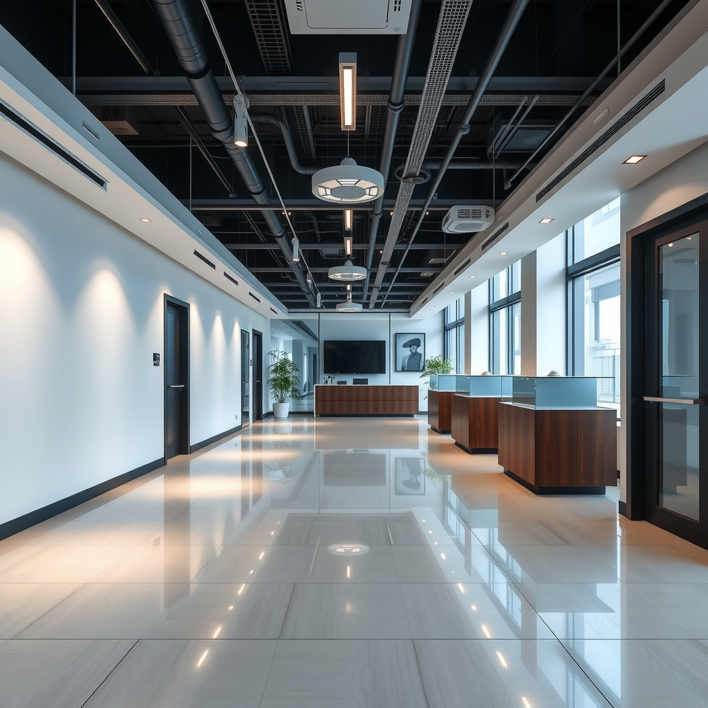 Beautifully renovated commercial office space with modern lighting, updated electrical systems, and contemporary finishes in Baku
