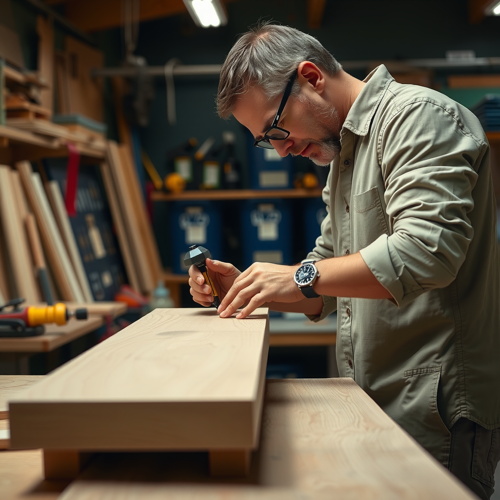 Skilled craftsman working on custom furniture piece in professional workshop, showing detailed woodworking process, precision tools, quality materials, and attention to detail in furniture manufacturing
