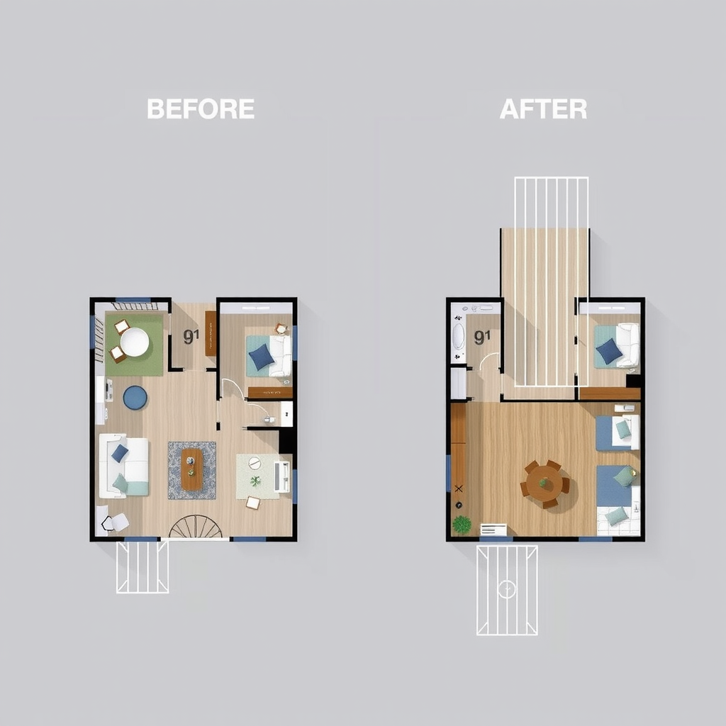 Before and after floor plans showing side by side comparison of original floor layout and optimized design plan with furniture placement and improved flow