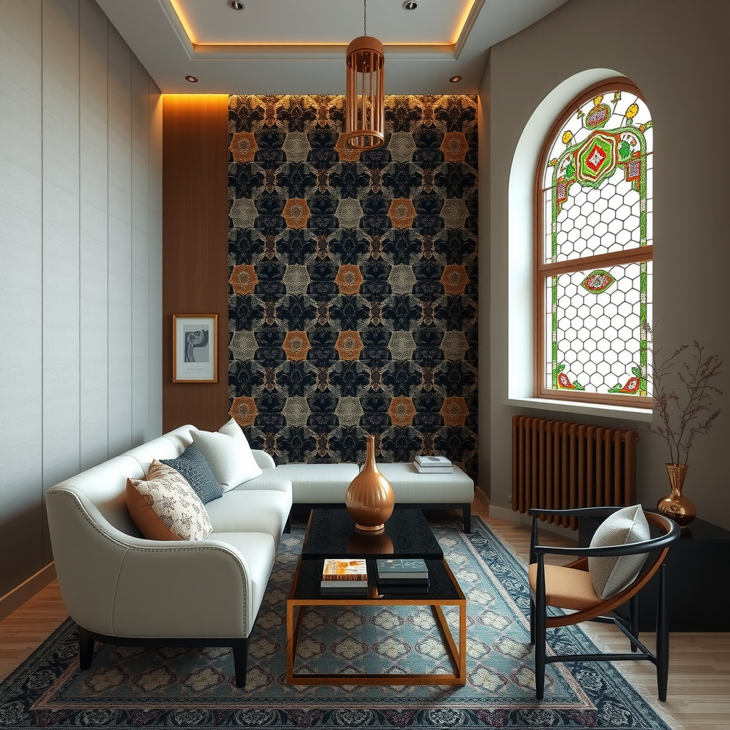 Contemporary Azerbaijani interior design showcasing traditional ornate geometric patterns on accent wall, handwoven traditional carpet with intricate motifs, modern minimalist furniture, copper and brass decorative elements, traditional sheki stained glass window details, blending cultural heritage with sleek contemporary design aesthetics