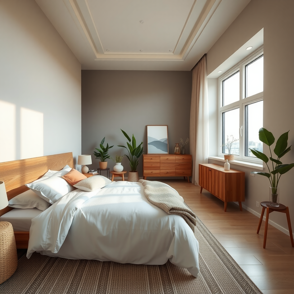 Serene Azerbaijani bedroom showcasing sustainable interior design with organic cotton bedding, reclaimed wood headboard, natural fiber rug, energy-efficient lighting, indoor plants, minimal furniture, neutral color scheme with warm accents, and large windows with natural light