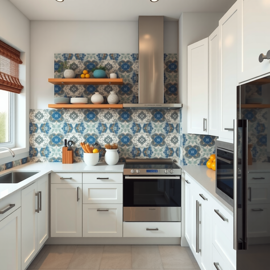Contemporary kitchen design featuring traditional Azerbaijani ceramic tiles in geometric patterns as backsplash, stainless steel appliances, and white cabinetry creating sophisticated blend