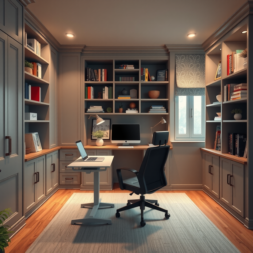 Functional home office interior featuring custom built-in bookshelves, ergonomic desk and chair, task lighting, organized storage solutions, and professional yet comfortable design elements for productive work environment