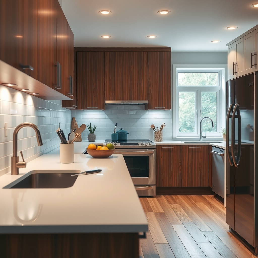 Modern kitchen renovation with updated cabinets, countertops, and appliances showing quality craftsmanship and attention to detail