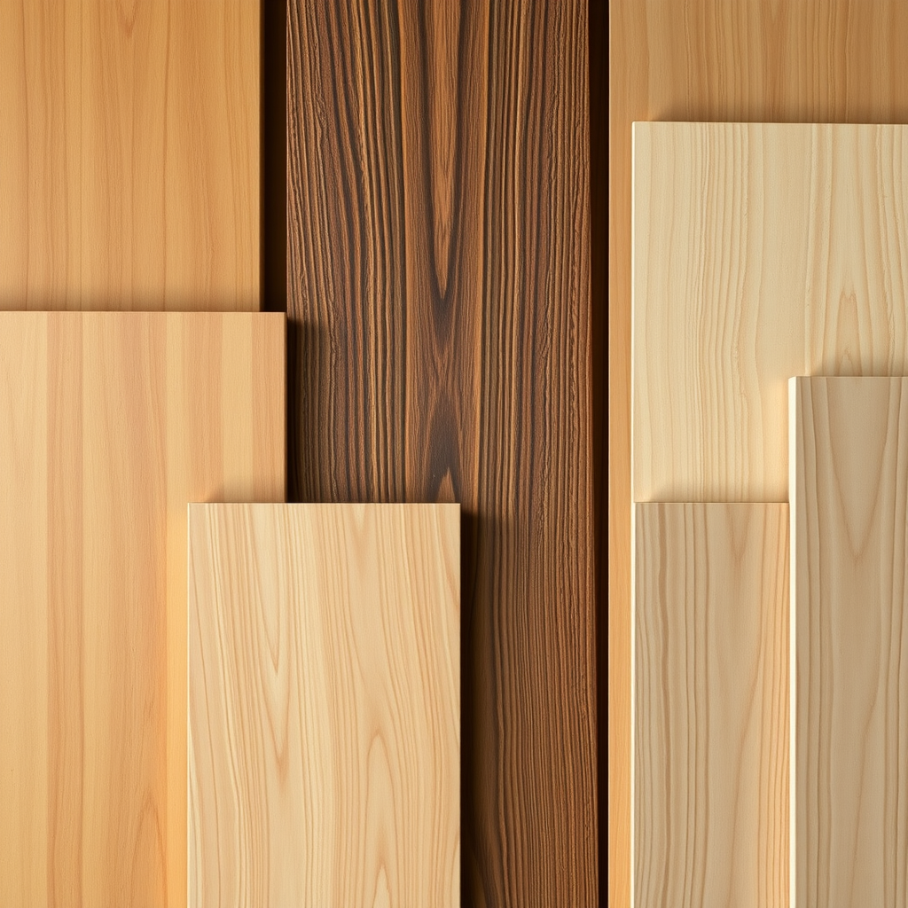 Selection of premium wood materials and finishes including oak, walnut, maple samples showing natural grain patterns, various stains, and high-quality veneers used in custom furniture