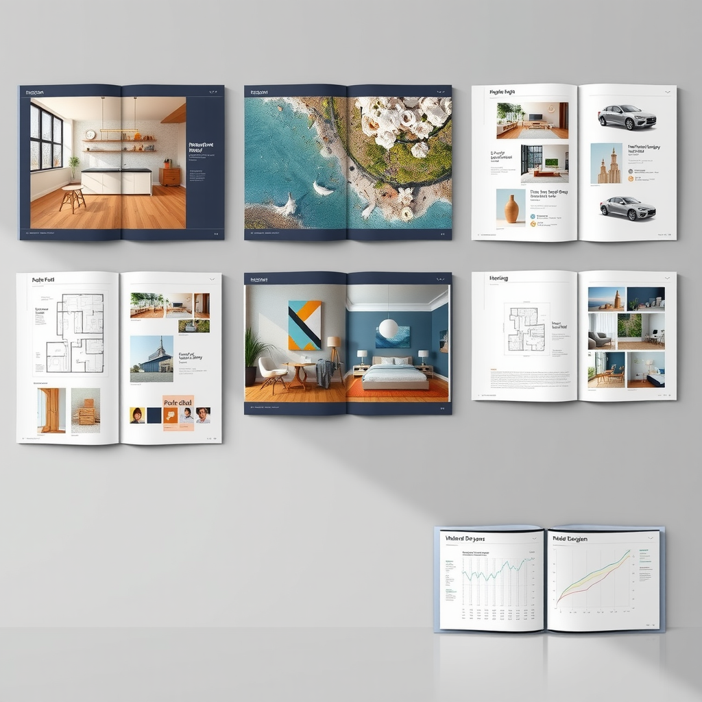 Complete design package showing organized presentation of design documents including floor plans material boards 3D renderings and budget spreadsheets