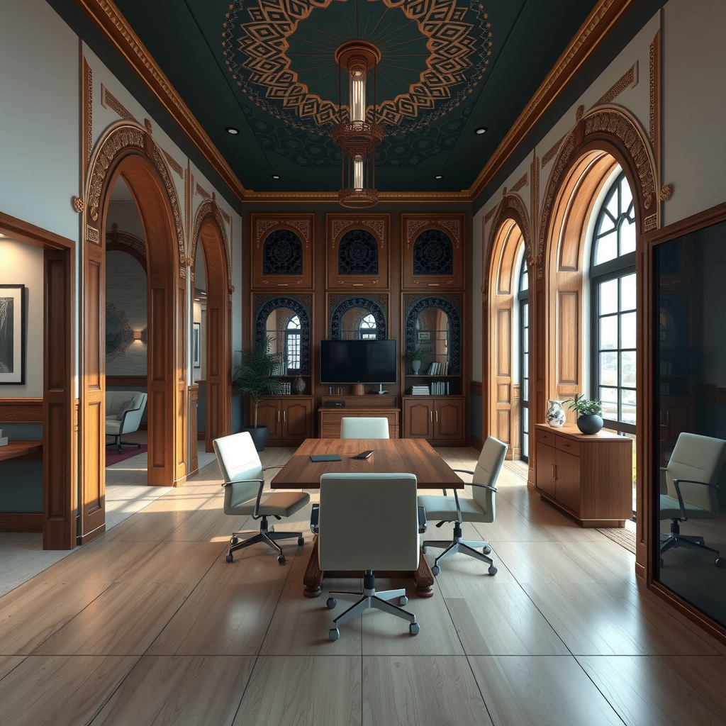 Modern office interior featuring traditional Azerbaijani arched doorways, carved wooden details, contemporary desk and chairs, creating professional yet culturally rich environment
