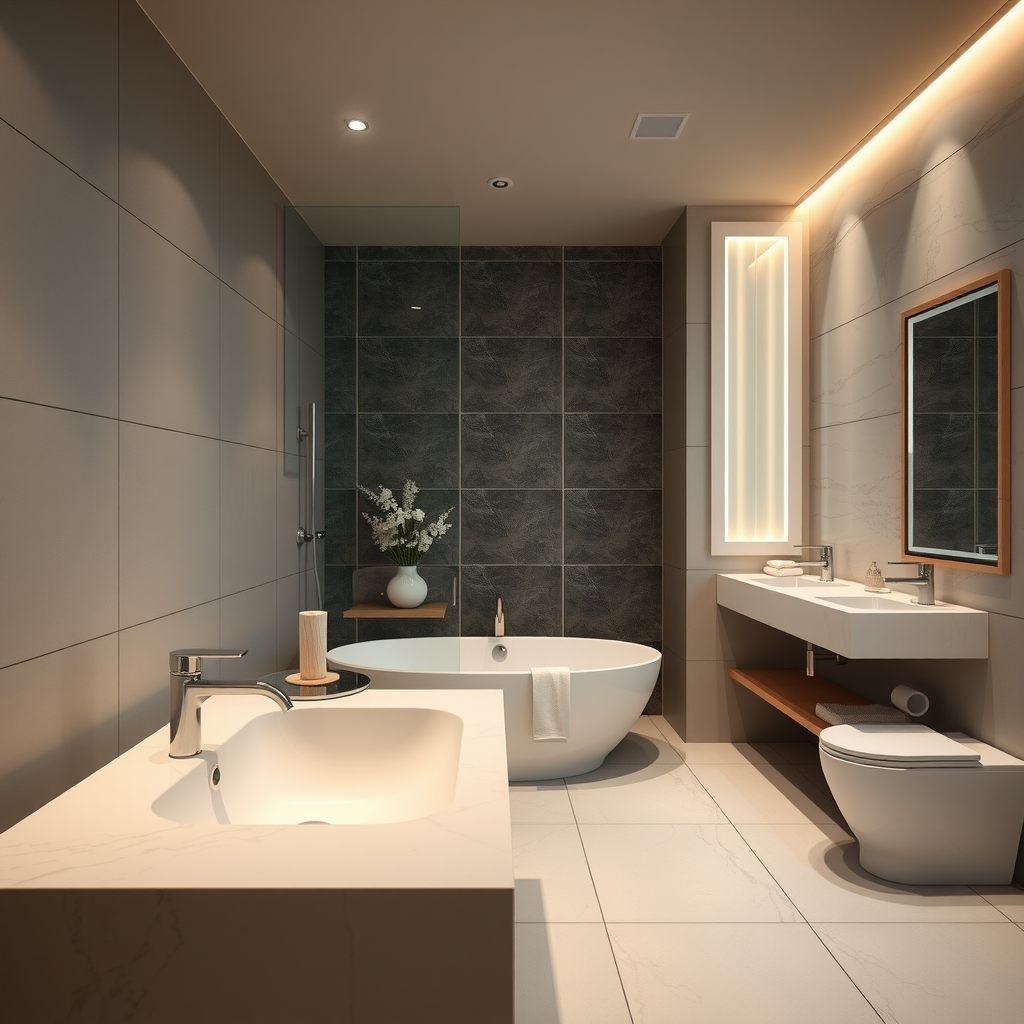 Luxurious bathroom interior design with modern fixtures, elegant tilework, ambient lighting, spa-inspired elements, quality materials, and sophisticated color palette creating a relaxing personal retreat