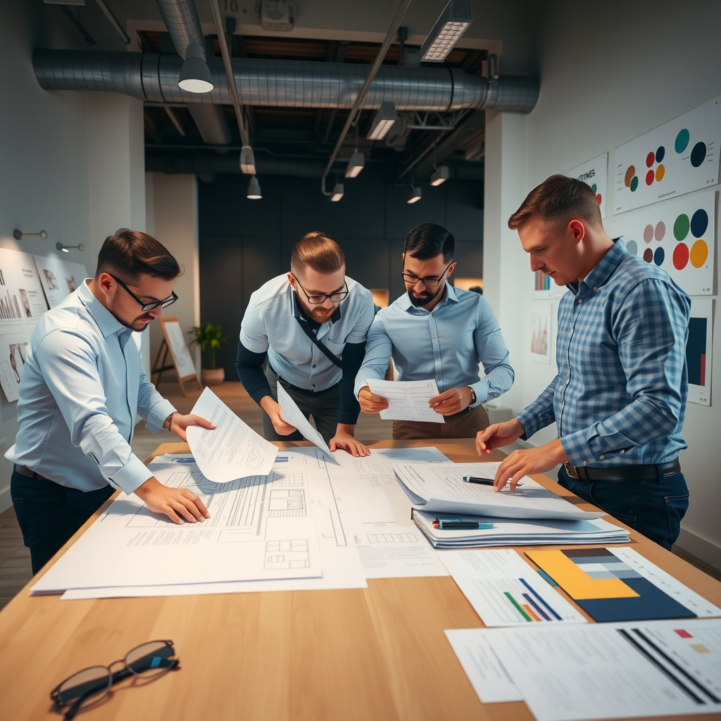 Professional interior design team collaborating over floor plans, material samples, and color swatches on large work table in modern office environment with design boards and project documentation visible