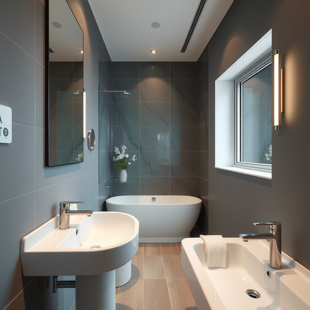 Elegant bathroom renovation featuring new plumbing fixtures, tiling, and modern lighting design in residential property