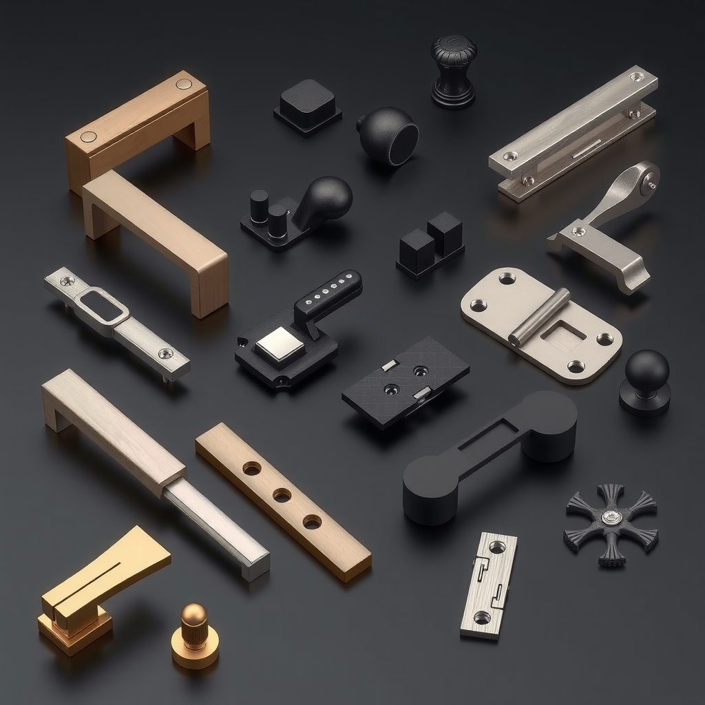 Collection of premium furniture hardware including modern handles, hinges, drawer slides, and decorative elements in various finishes like brushed nickel, brass, and matte black