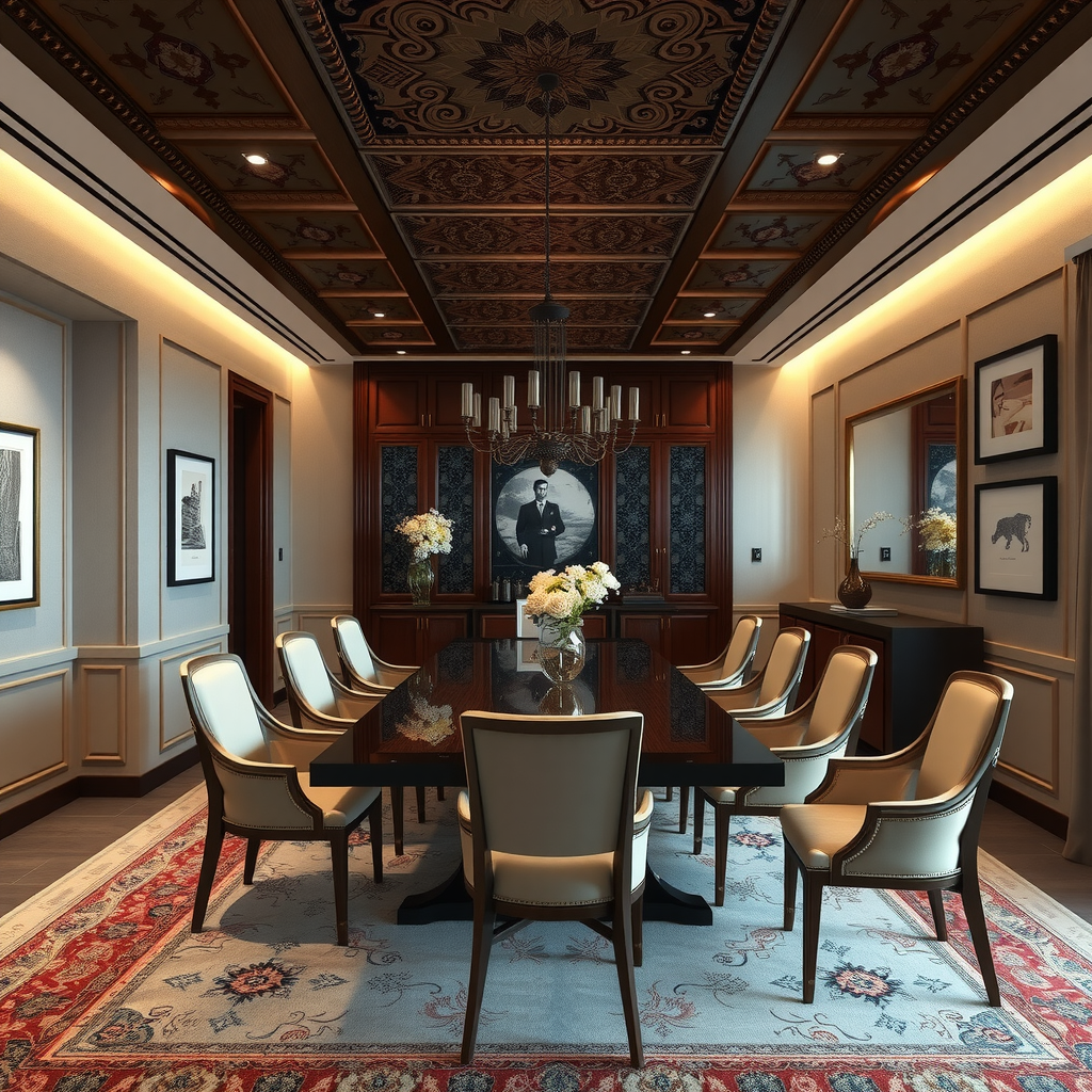 Sophisticated dining room featuring traditional Azerbaijani carved wooden ceiling details, contemporary dining table and chairs, traditional carpet, and modern lighting creating harmonious blend