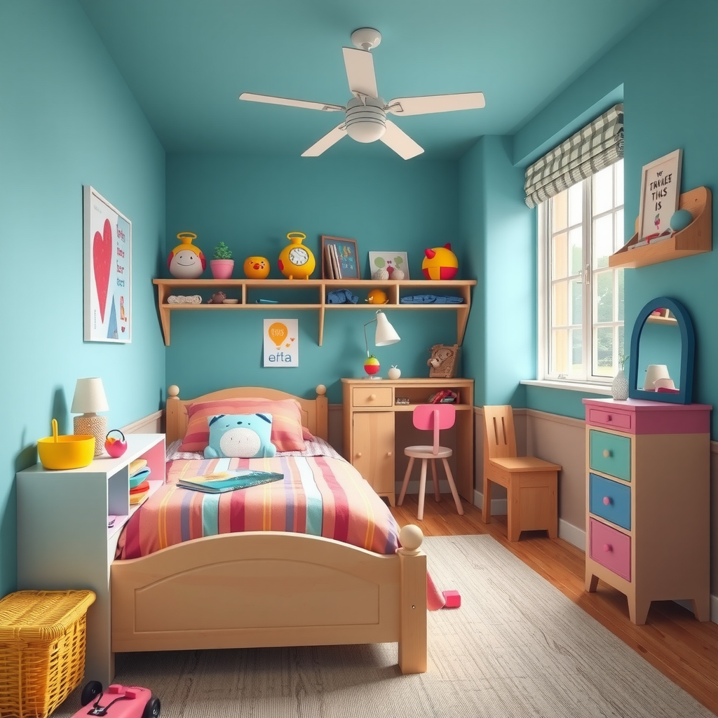 Cheerful children's bedroom featuring playful color scheme, age-appropriate furniture, creative storage solutions, safe design elements, and fun decorative touches that encourage play and learning